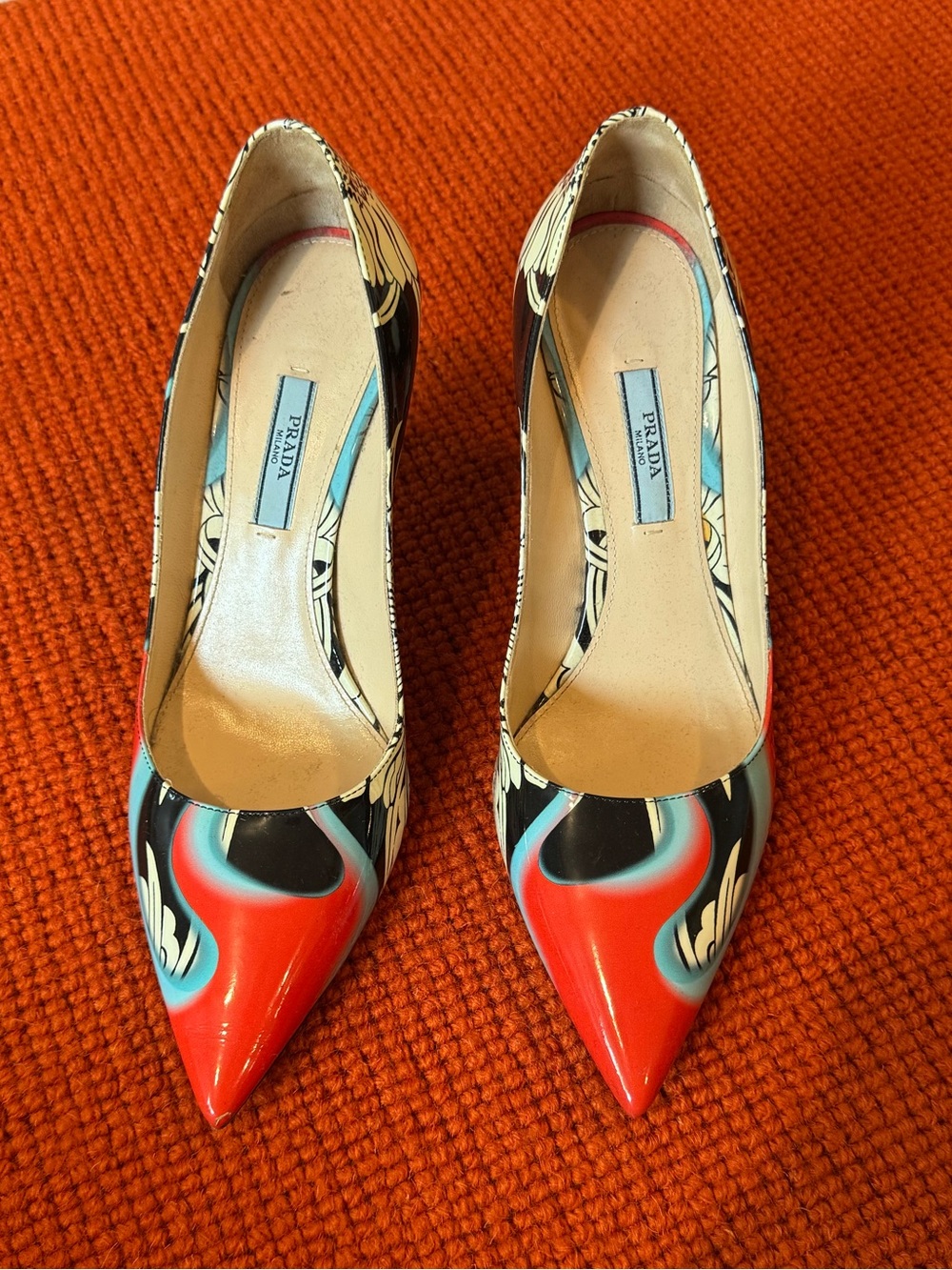Prada Rare Flame Pointed-Toe Patent Pumps